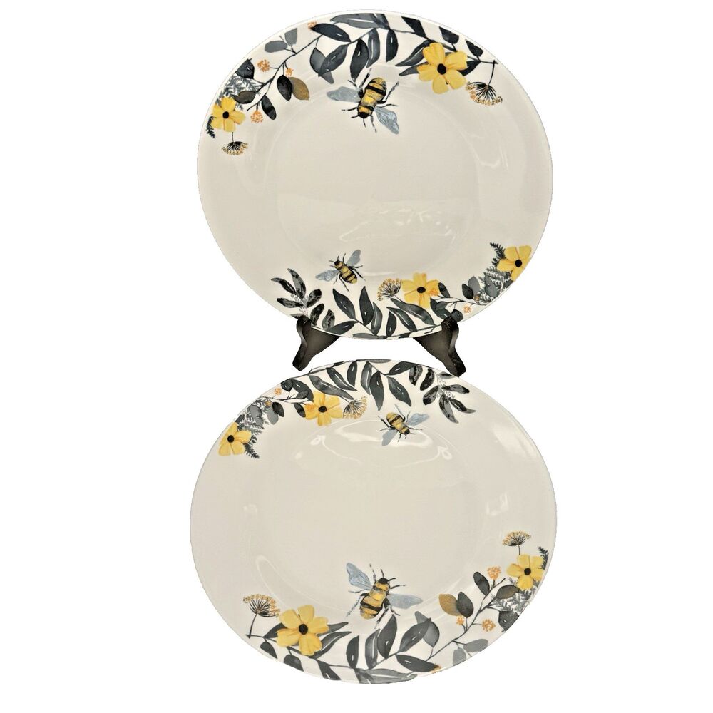 Royal Norfolk Bee Happy 10.5” Stoneware Dinner Plates Set of 2 Spring Summer